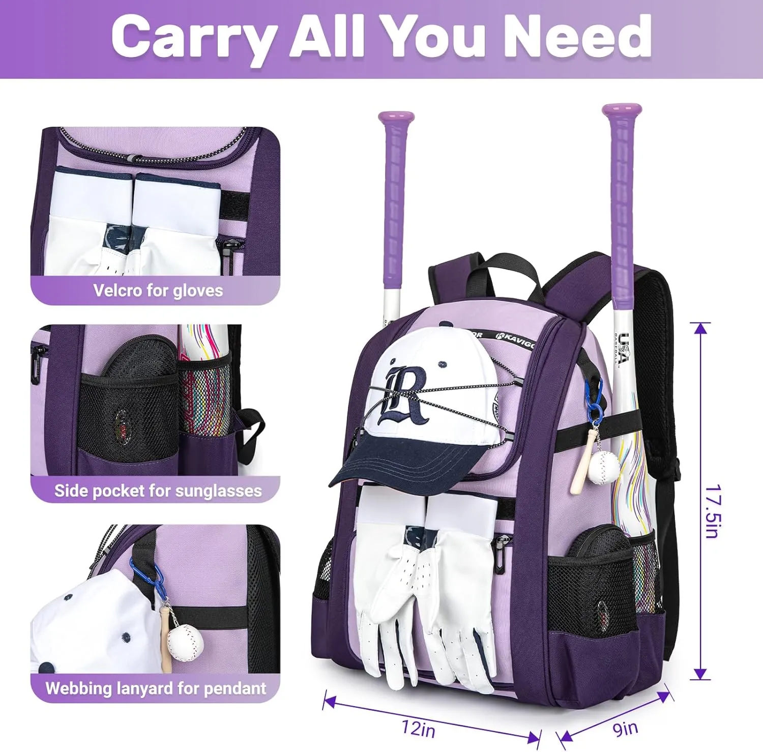Youth Baseball Bag, Softball Bag for Girls & Boys, Kids Tball Backpack with Shoes Compartment