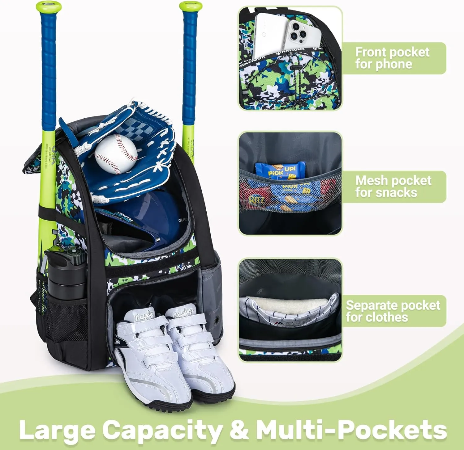 Youth Baseball Bag, Softball Bag for Girls & Boys, Kids Tball Backpack with Shoes Compartment