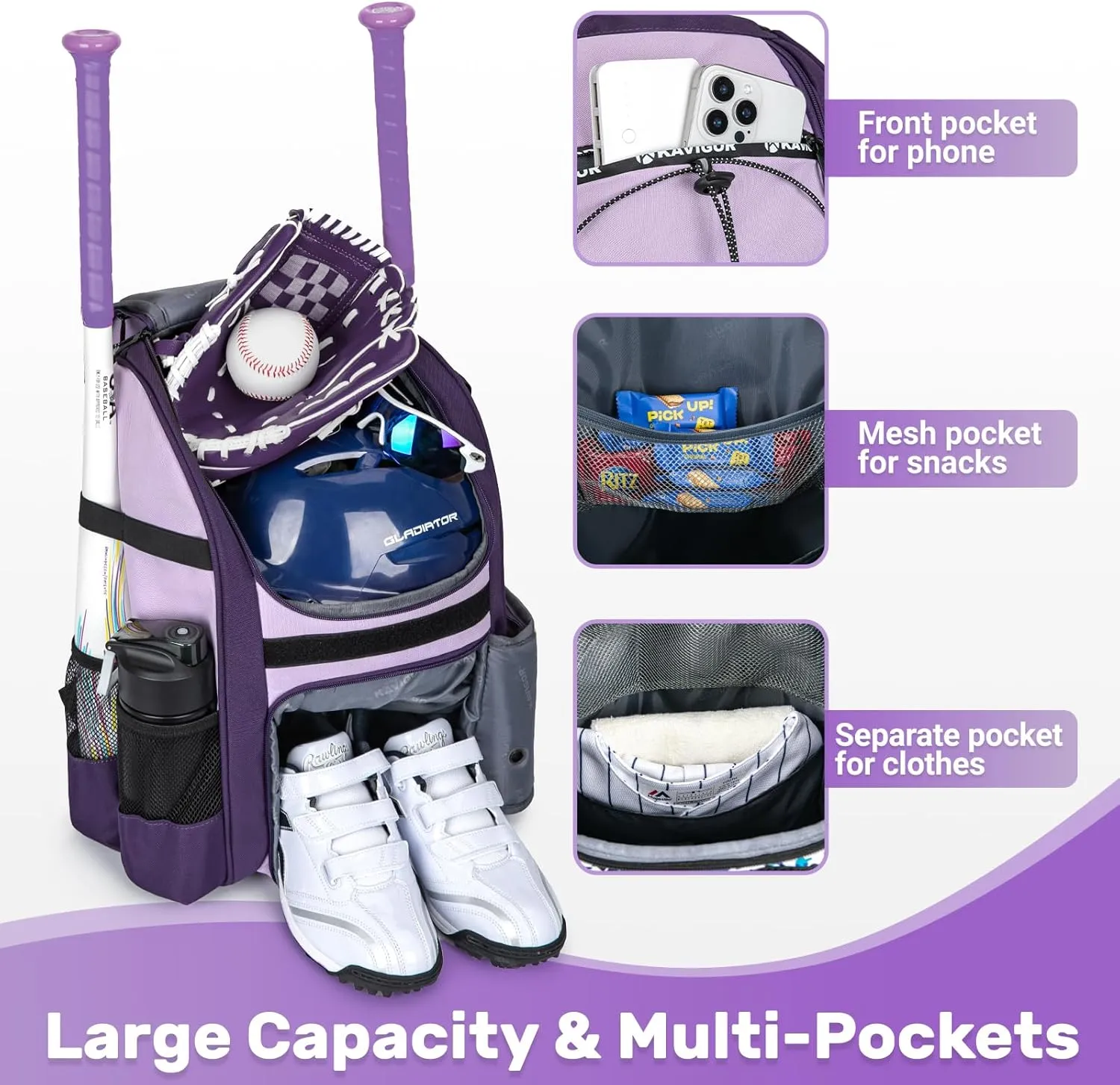 Youth Baseball Bag, Softball Bag for Girls & Boys, Kids Tball Backpack with Shoes Compartment