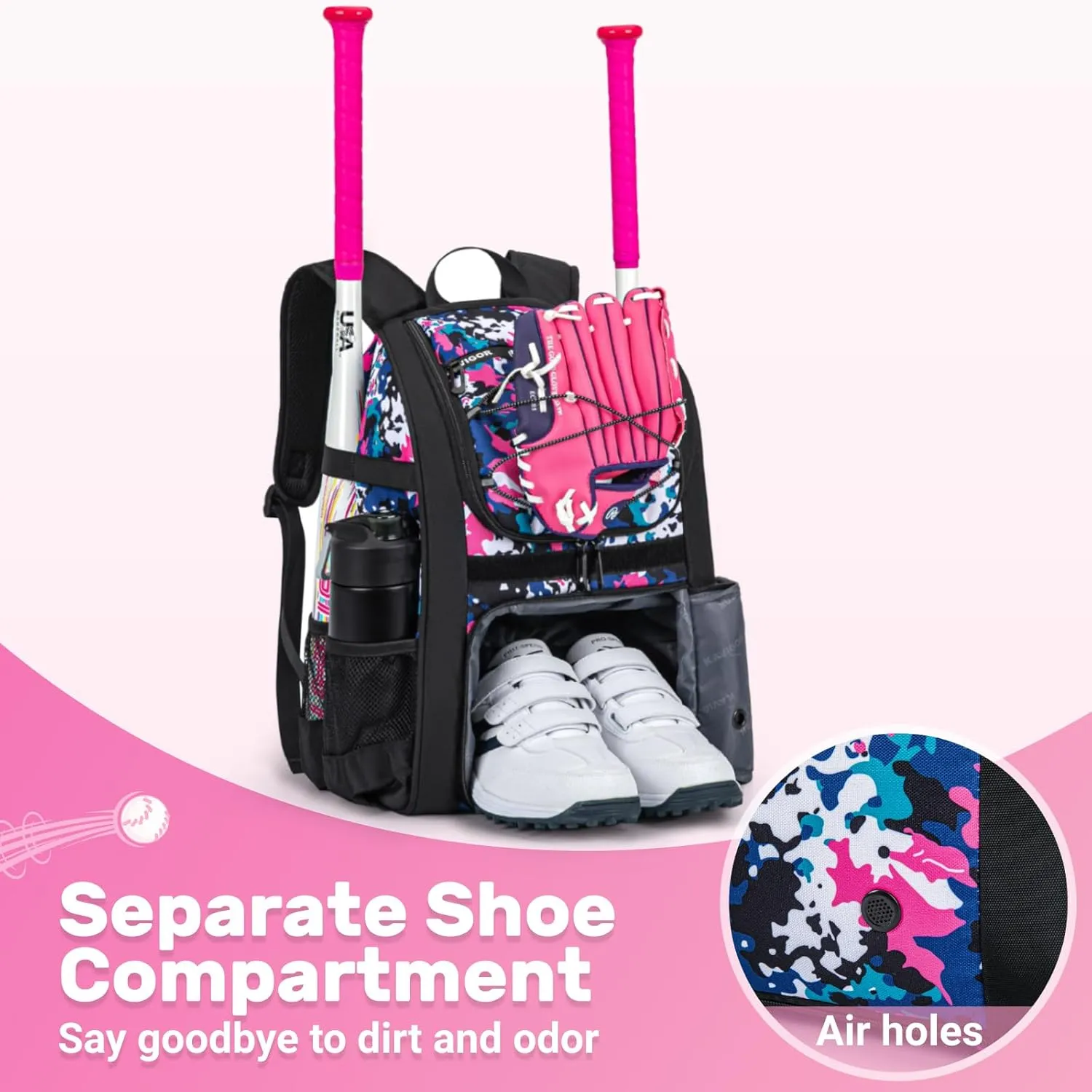 Youth Baseball Bag, Softball Bag for Girls & Boys, Kids Tball Backpack with Shoes Compartment