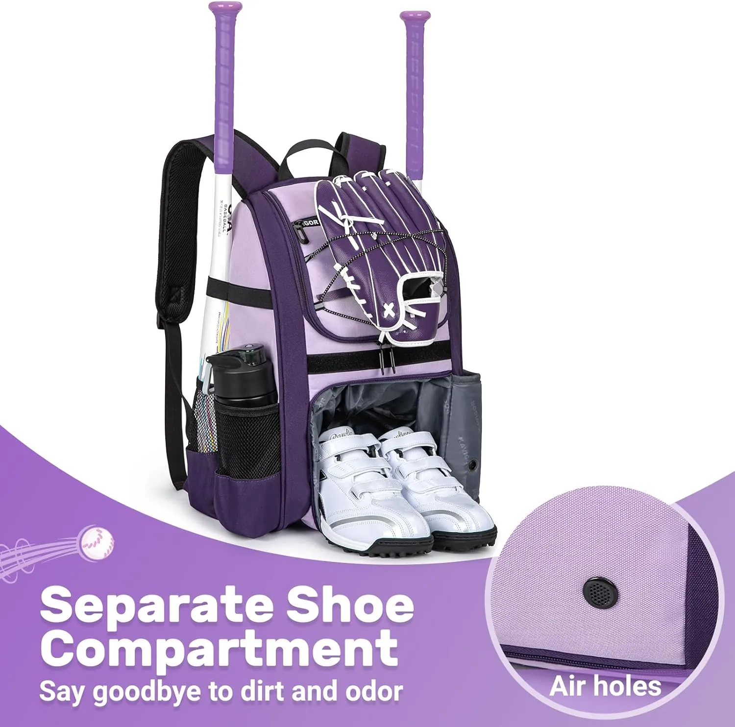 Youth Baseball Bag, Softball Bag for Girls & Boys, Kids Tball Backpack with Shoes Compartment