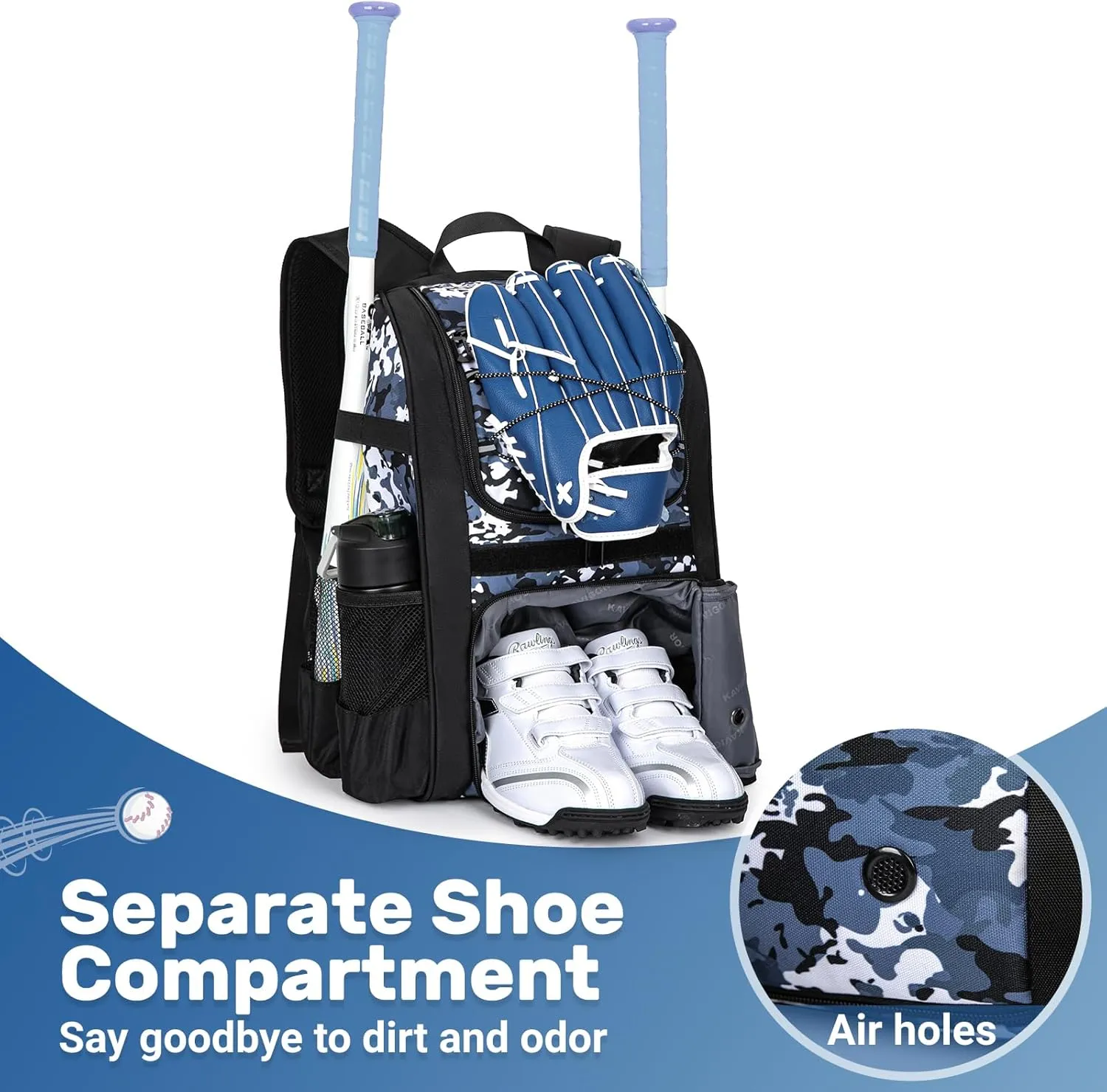 Youth Baseball Bag, Softball Bag for Girls & Boys, Kids Tball Backpack with Shoes Compartment