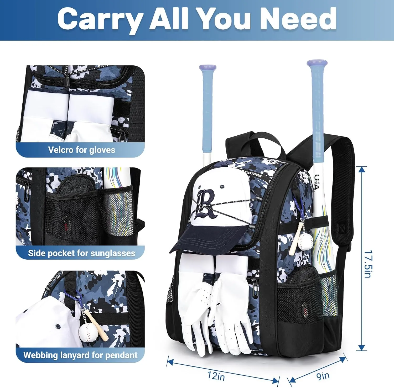 Youth Baseball Bag, Softball Bag for Girls & Boys, Kids Tball Backpack with Shoes Compartment
