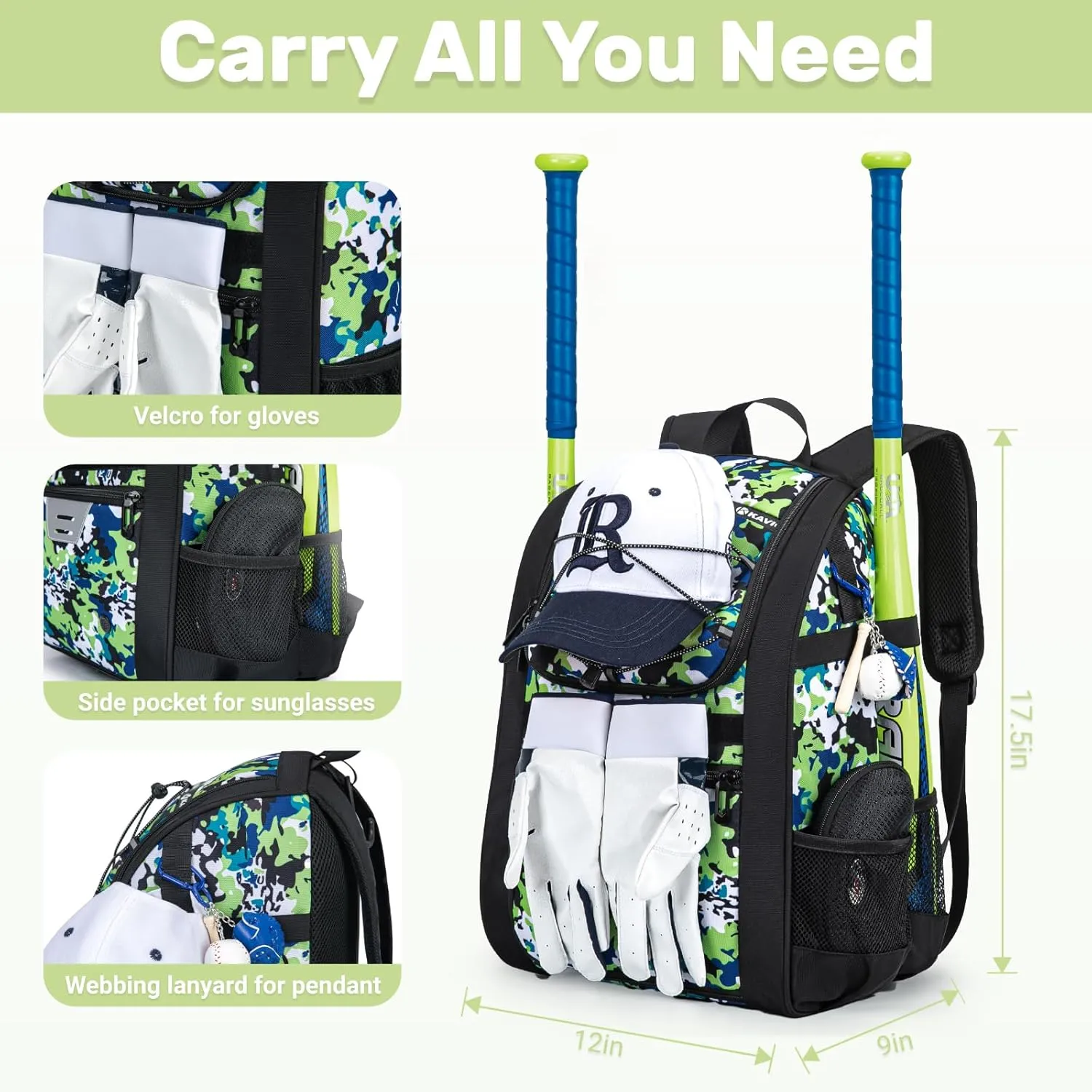 Youth Baseball Bag, Softball Bag for Girls & Boys, Kids Tball Backpack with Shoes Compartment
