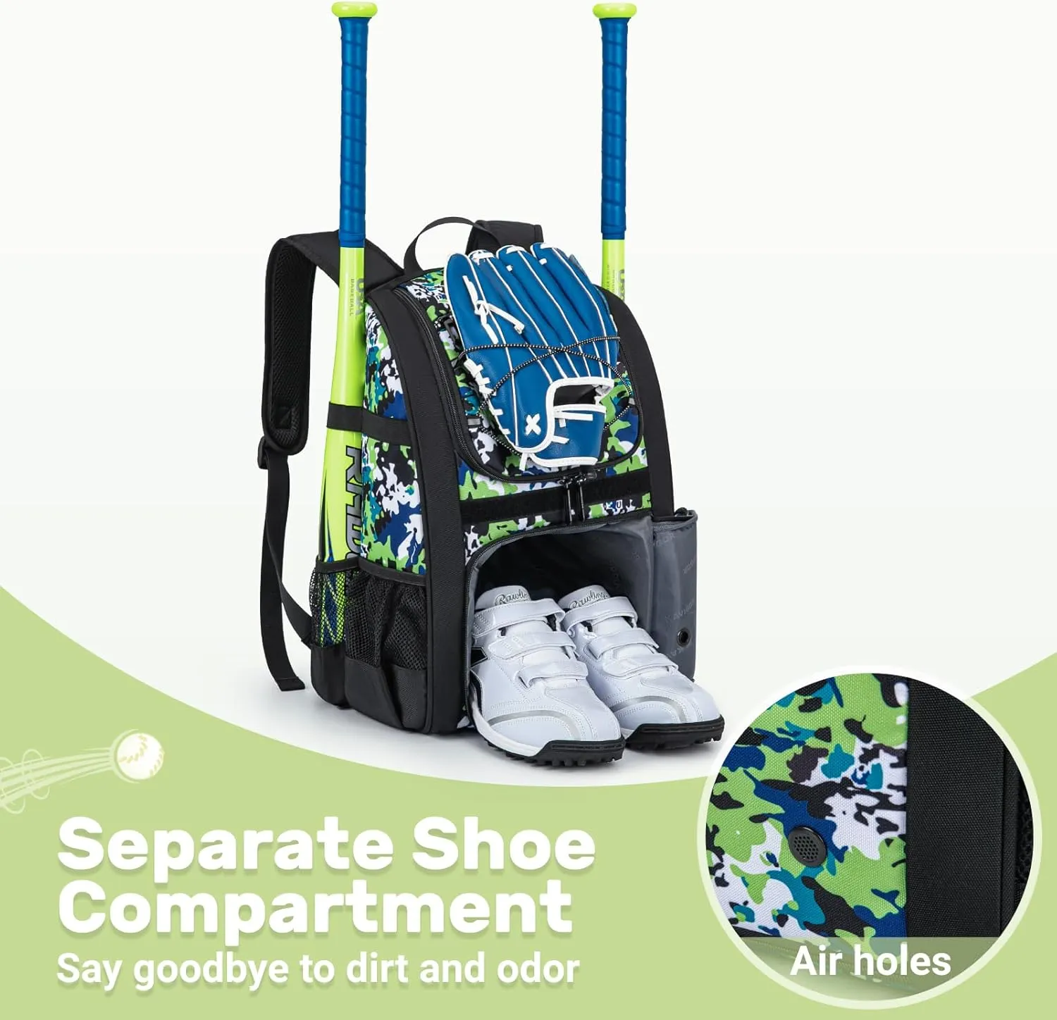 Youth Baseball Bag, Softball Bag for Girls & Boys, Kids Tball Backpack with Shoes Compartment