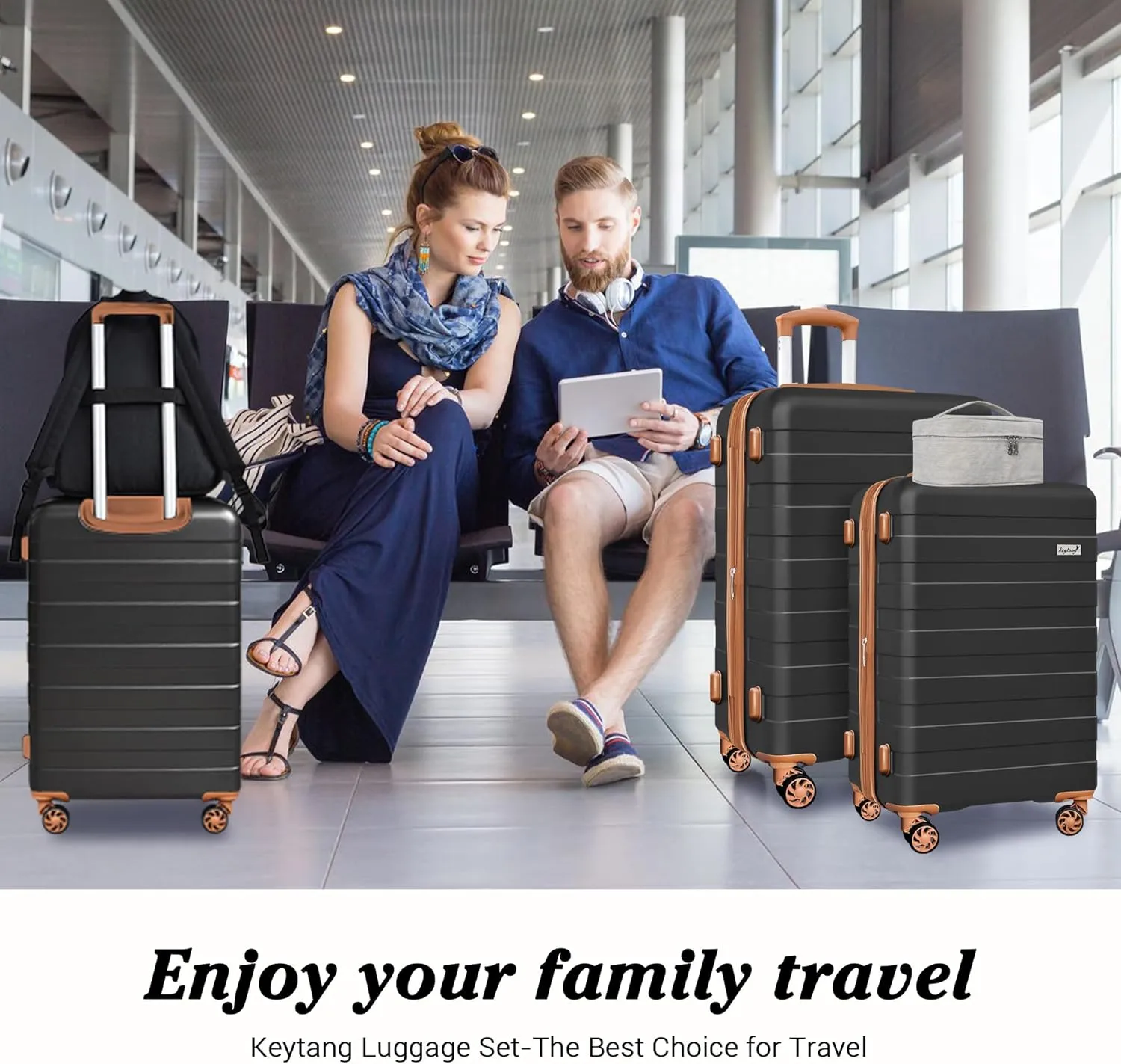 Zebra Luggage Sets 5 Piece, Carry-On Luggage with Spinner Wheels, PC ABS Lightweight Hardside Business Travel Suitcase Set with TSA Lock, Bonus Travel Backpack & Makeup Bag, 20/24/28 inch, Black-Brown