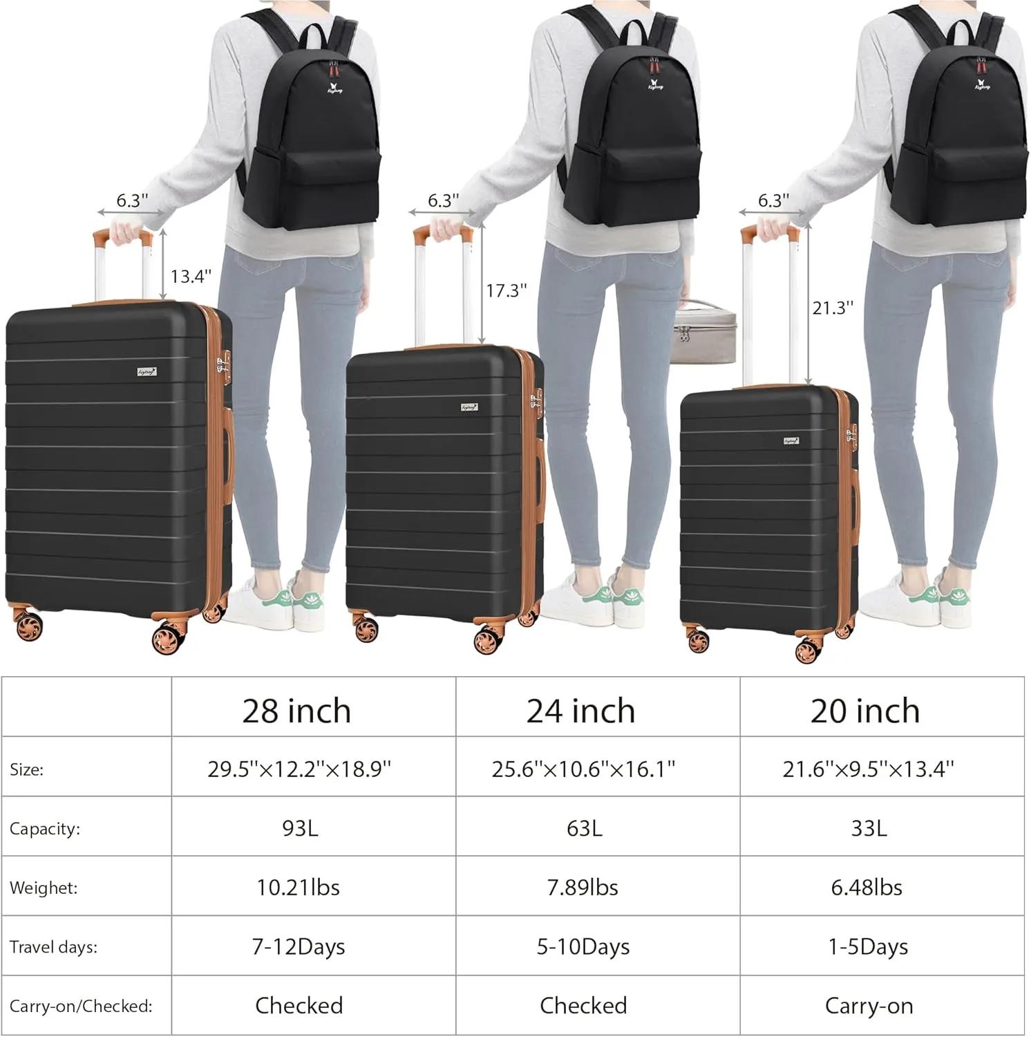 Zebra Luggage Sets 5 Piece, Carry-On Luggage with Spinner Wheels, PC ABS Lightweight Hardside Business Travel Suitcase Set with TSA Lock, Bonus Travel Backpack & Makeup Bag, 20/24/28 inch, Black-Brown
