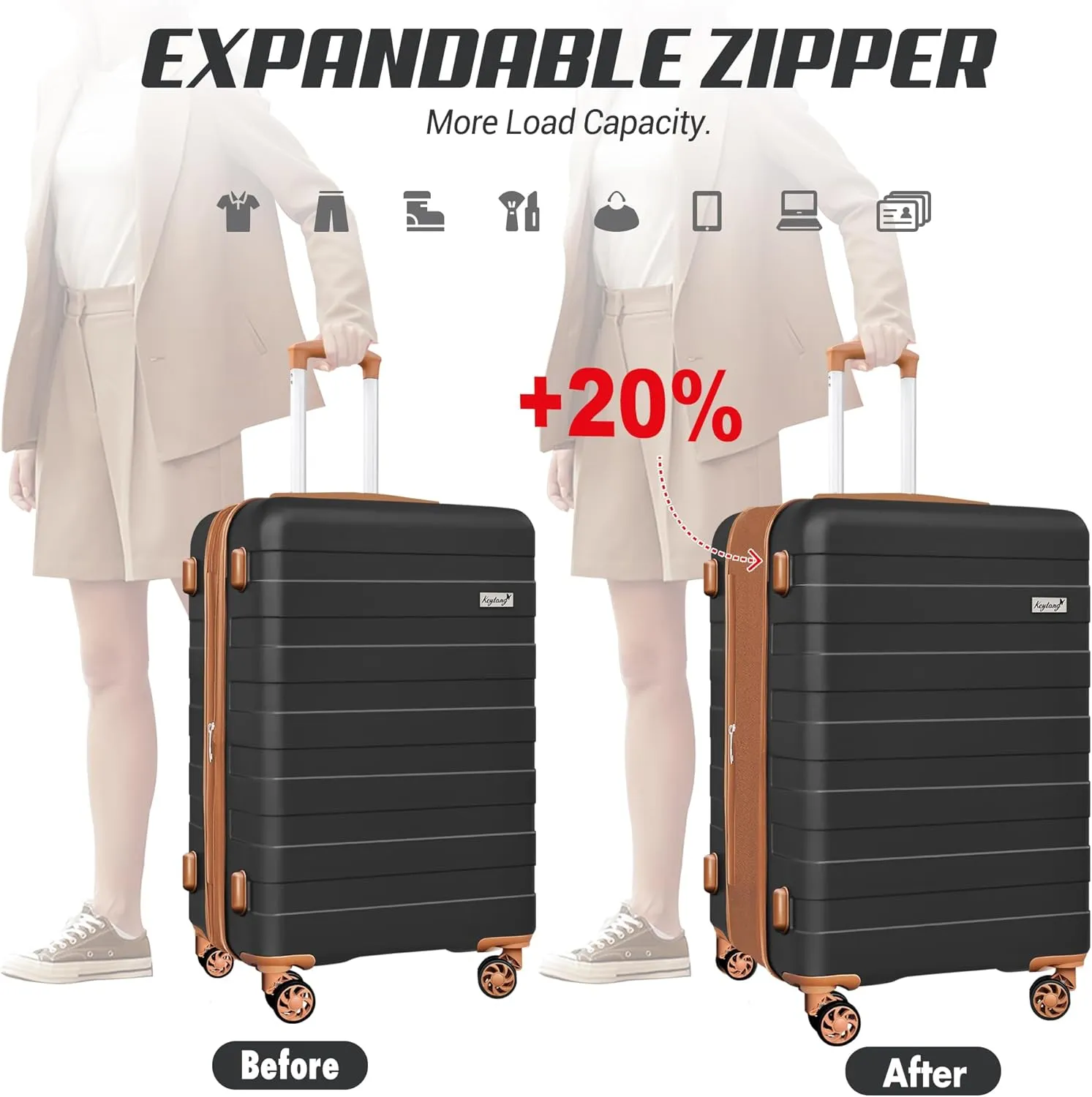 Zebra Luggage Sets 5 Piece, Carry-On Luggage with Spinner Wheels, PC ABS Lightweight Hardside Business Travel Suitcase Set with TSA Lock, Bonus Travel Backpack & Makeup Bag, 20/24/28 inch, Black-Brown