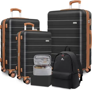 Zebra Luggage Sets 5 Piece, Carry-On Luggage with Spinner Wheels, PC ABS Lightweight Hardside Business Travel Suitcase Set with TSA Lock, Bonus Travel Backpack & Makeup Bag, 20/24/28 inch, Black-Brown
