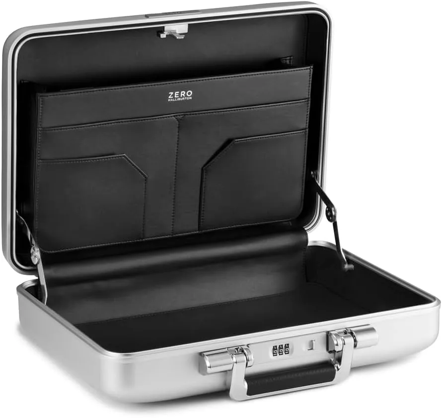 ZERO Halliburton Classic Aluminum 3.0 Small Briefcase, Top Carry Handle, Interior Organization Sleeve, Fits 14 Laptop/ A4 Files, Lock System, Iconic Double Rib Design, Hardside Attache, Silver