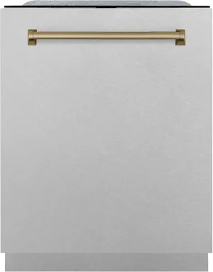 ZLINE Autograph Edition 24 in. Monument Series 3rd Rack Top Touch Control Tall Tub Dishwasher with Satin Stainless Steel Panel and Champagne Bronze Handle, 45dBa (DWMTZ-SN-24-CB)