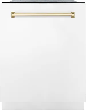 ZLINE Autograph Edition 24" 3rd Rack Top Touch Control Tall Tub Dishwasher in White Matte with Gold Handle, 51dBa (DWMTZ-WM-24-G)