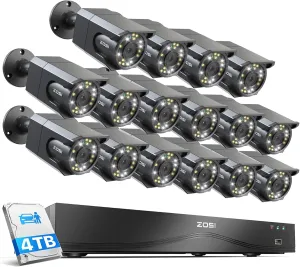 ZOSI 4K 16CH PoE Security Camera System, 16 x 8MP PoE Cameras Outdoor with Starlight Color Night Vision, Light Alarm, Human Detection, 4K 16CH H.265  NVR (Expandable to 32CH), 4TB HDD for 24/7 Record