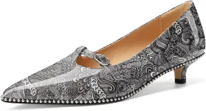 Z.Oufeier Women's Low Kitten Heels Pointed Toe Beaded Pumps Strap Buckle Patent Leather Slip-on Comfortable Office Work Dress Shoes Kitty Heels