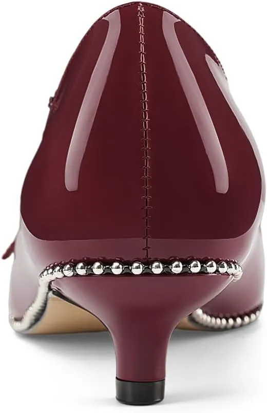 Z.Oufeier Women's Low Kitten Heels Pointed Toe Beaded Pumps Strap Buckle Patent Leather Slip-on Comfortable Office Work Dress Shoes Kitty Heels
