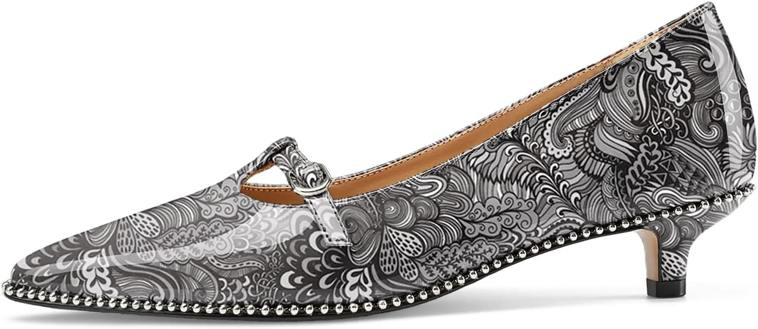 Z.Oufeier Women's Low Kitten Heels Pointed Toe Beaded Pumps Strap Buckle Patent Leather Slip-on Comfortable Office Work Dress Shoes Kitty Heels