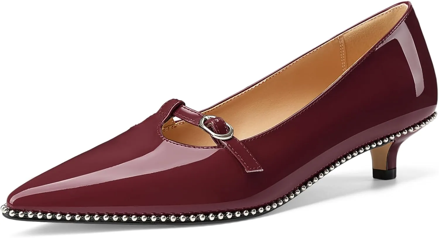 Z.Oufeier Women's Low Kitten Heels Pointed Toe Beaded Pumps Strap Buckle Patent Leather Slip-on Comfortable Office Work Dress Shoes Kitty Heels