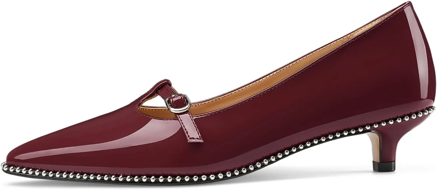 Z.Oufeier Women's Low Kitten Heels Pointed Toe Beaded Pumps Strap Buckle Patent Leather Slip-on Comfortable Office Work Dress Shoes Kitty Heels