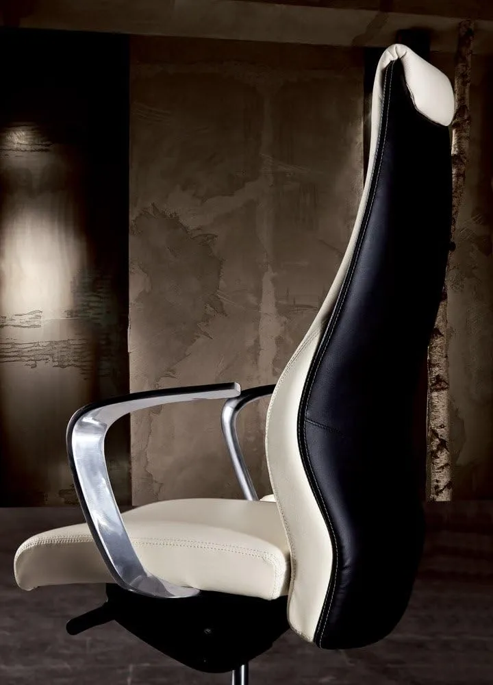 ZURI Wrigley Genuine Leather Aluminum Base High Back Executive Chair - White Leather with Black Accent