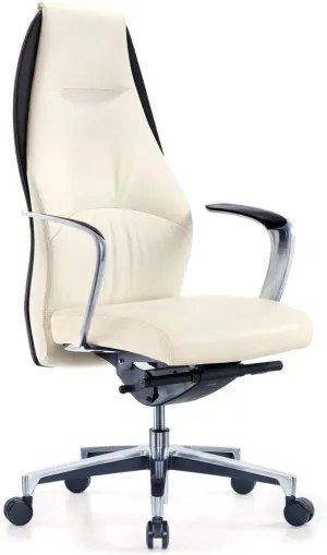ZURI Wrigley Genuine Leather Aluminum Base High Back Executive Chair - White Leather with Black Accent
